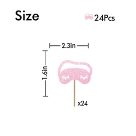 24PCS Sleep Mask Cupcake Toppers, Pajamas Party Cupcake Toppers, Sleepover Birthday Dessert Picks, Spa/Camping/Slumber Party Decoration - Pink Glitter
