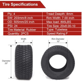 20x8.00-10 Lawn Mower Tires, 20x8x10 Lawn Tractor Tire, 4 PLY Tubeless, for Tractor Riding Mower Golf Carts, 895lbs Capacity, Set of 2