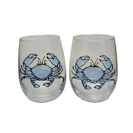 Blue Crab Hand Painted Stained Glass Stemless Wine Glasses Set of 2