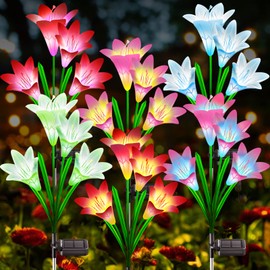 KuBace Solar Outdoor Lights Garden Decor, 6 Pack Upgraded Solar LED Flower Lights with 24 Bigger Lily Flower Lamp, 7 Color Changing Waterproof Solar Powered Flowers for Garden Yard Decor, Gift