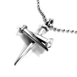 FORGIVEN JEWELRY 3 Nail Cross Antique Silver Finish Pendant Aluminum Ball Chain Necklace