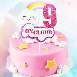 LaVenty Decoración para tartas de 9 cumpleaños rosa en la nube para niña en la nube, 9 decoración para tartas en la nube, 9 suministros para fiestas de cumpleaños en la nube, 9 recuerdos de fiesta