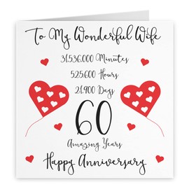 Hunts England - Romantic Wife 60th Wedding Anniversary Card - To My Wonderful Wife - 60 Amazing Years - Timeless Collection - Fun Cute Card