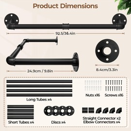 Wall Mounted Clothes Rack 36.4 Inch, 2 Pack Industrial Pipe Clothing Rack, Black Wall Clothing Rack, Multi-Purpose Clothing Hanging Rod for Closet