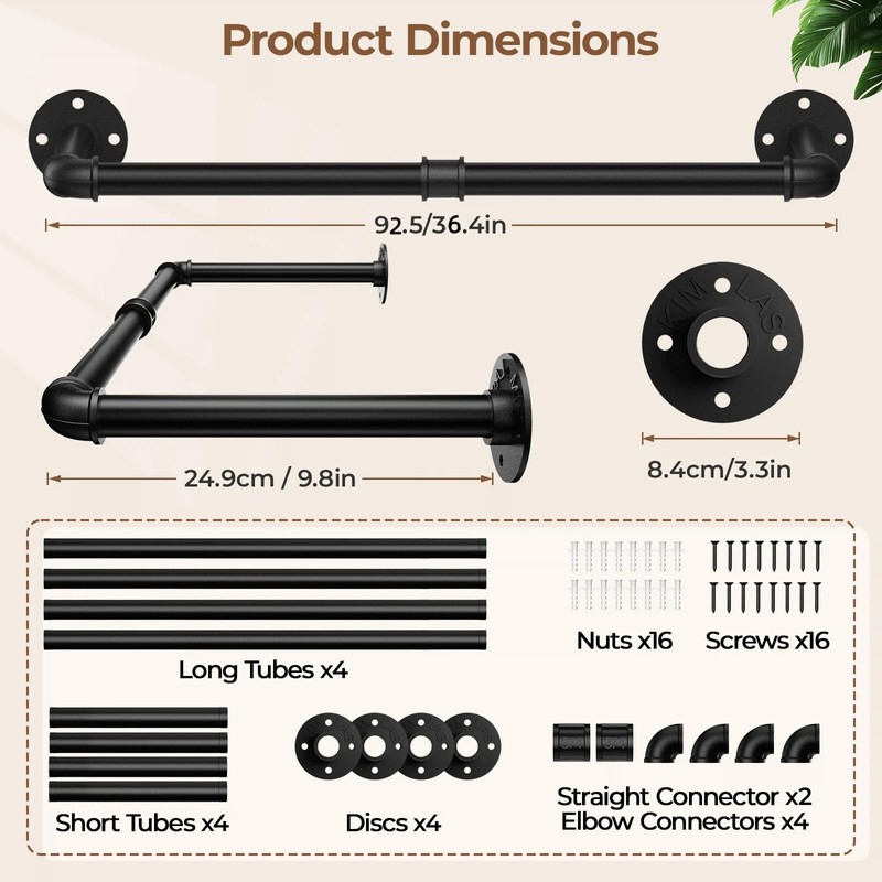 Wall Mounted Clothes Rack 36.4 Inch, 2 Pack Industrial Pipe