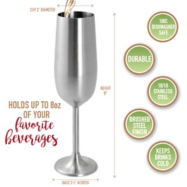 Unbreakable 8 Oz Stainless Steel Champagne Flutes (2 Pk)- Stemmed Silver Champagne Glasses - Reusable Indoor Outdoor Drinkware - Keeps Drink Cold - Great for New Years Eve Parties & Holiday Xmas Gift