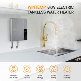 Tankless Water Heater Electric 8KW 240V, On-Demand Instant Endless Hot Water Heater, LED Temperature Display and WIFI Control, Self-Modulating Energy Efficiency, Space-Saving Design WINTEMP