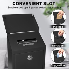 Metal Suggestion Box Donation Box with Slot Drop Box with Lock and Key Collection Box Mailbox Wall Mount Dropbox（10.2×5.6×2.8inch） Ballot Box for Home Office Outdoor （Black）