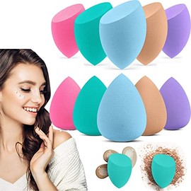 Esponja Maquillaje Multicolor Paquete de 10 para Mezclar Base, Esponjas Faciales Maquillaje para Líquido, Crema y Polvo, Uso Seco y Húmedo, Sin Látex |Herramientas de Belleza Femenina (Bisel & Gotitas de Agua)