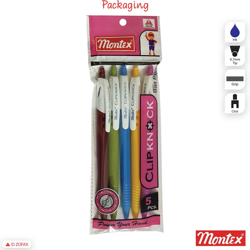 Montex 10 x 0.7mm Ball Point Pens ClipKnock BLUE Retractable