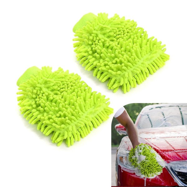 MLY 2-Pack Microfiber Car Wash Mitt, Double-Sided Plush Green Mitt