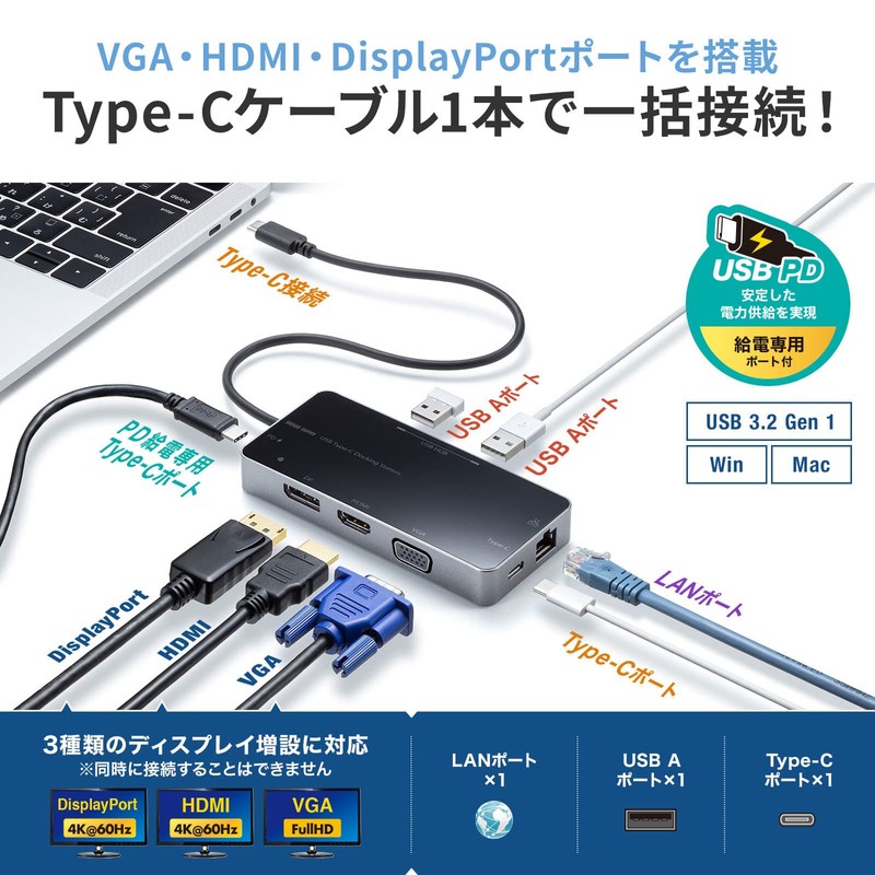 Sanwa Supply USB-DKM2BK Docking Station / Hub, USB Type-C Connection
