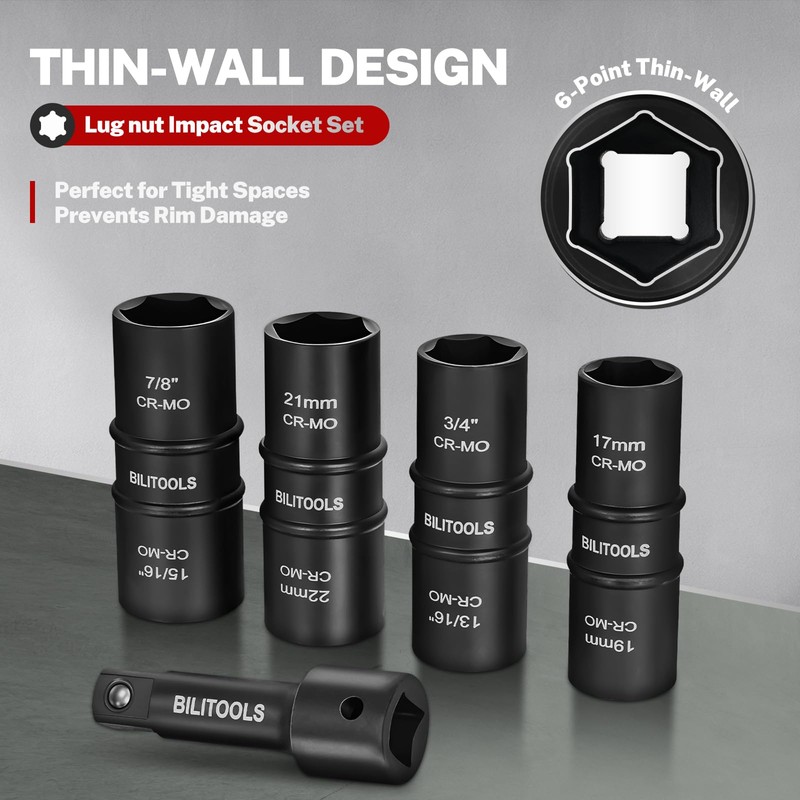 BILITOOLS Lug Nut Socket Set, 1/2 inch Drive Non-Marring Impact
