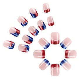 Red Blue French Tip Press on Nails Glitter Fake Nails with Star Design Glossy Glue on Nails Short Square False Nail Artificial Acrylic Full Cover Stick on Nails for Women Independence Day Manicure