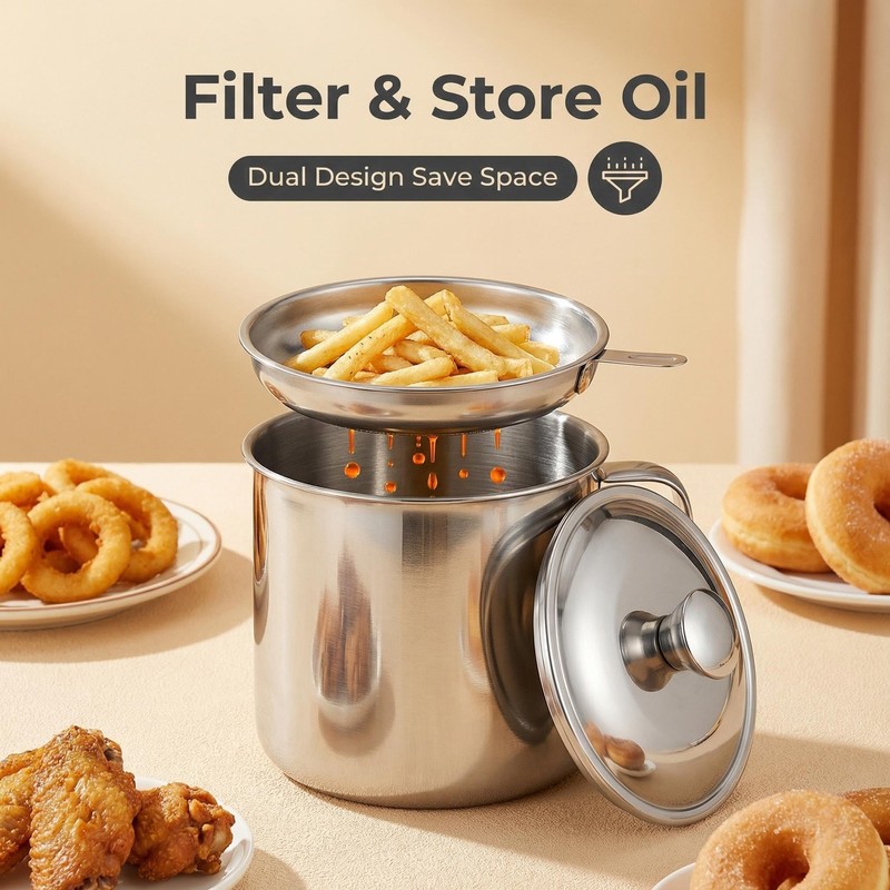 Oil Strainer Pot 34oz Stainless Steel, Bacon Grease Container Saver
