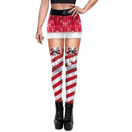 Roevite Women's High Waist Christmas Leggings Striped Reindeer Sknowflake Printed Holiday Tights, Style-37, Large-X-Large