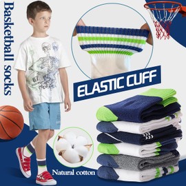 Welwoos Kids Boys Socks Athletic Basketball Youth Sport Crew Cotton Breathable Soft Gift Socks 6 Pairs Stocking Stuffers (Splice/Green/White,5-8Y)