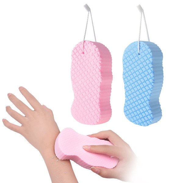 XINRUI Esponja de baño exfoliante, 2 esponjas de ducha suaves para eliminar la piel muerta, exfoliante de spa para mujeres, hombres y niños (azul y rosa)
