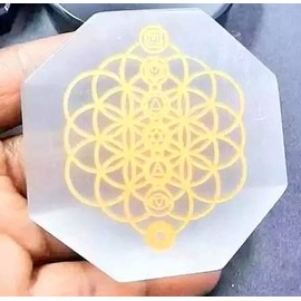 crystalmiracle Selenite Gemstone 3 Inches Chakra Engraved Etched Charging Reiki Plate Crystal Wellness Gift Handcrafted
