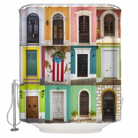 Puerto Rico Door Gate Square Filling Waterproof Shower Curtains Set - Small 36 x 72 Inch, Colorful Retro Arched Wall Polyester Fabric Bathroom Curtain with 12 Hooks, Bathroom Accessories, 1 Panel
