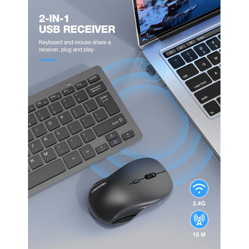 TECKNET Wireless Keyboard and Mouse Combo, Mini Cordless Computer Keyboard