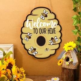 Pinkunn Welcome to Our Hive Bee Wall Plaque Honey Bee Hanging Welcome Signs Wooden Honeycomb Decor Farmhouse Bee Hive Decor for Home Wall Front Door Porch Garden Shop Indoor Outdoor Decoration