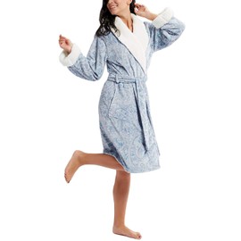 INK+IVY Plush Kimono Belted Robe for Women - Mid-Length Ladies Bathrobe Loungewear with Pocket, Collar & Cuff, Printed Paisley Blue, S/M