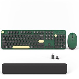 Wireless Computer Keyboards Mouse Combos, COVEVA Colorful Typewriter Retro Keyboard with Round Keycaps, USB Keyboard and Mouse Set 2.4GHz Full-Size Wireless Keyboard and Optical Mouse（Dark Green）