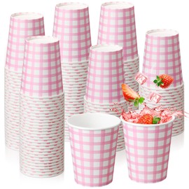 Honeydak 150 Pcs Gingham Paper Drinking Cups 9 oz Checkered Party Disposable Plaid Paper Cups Party Supplies for Wedding Birthday Fiesta Baby Shower Picnic(Pink)