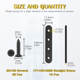 Mardatt 15 Sets 100x17.4mm(3.9x0.68inch) Stainless Steel Black Straight Bracket Mending Plates for Wood Heavy Duty Flat Straight Brace Joining with Mounting Screws