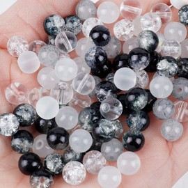 Niziky 100PCS Glass Beads for Jewelry Making, Mix 8MM Black Crackle Lampwork Glass Beads Aurora Crystal Beads Matte Gemstones Spacer Beads Kits for Crafts, Crystal Loose Beads for Bracelet Making