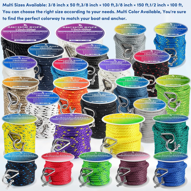 Premium Anchor Rope 50 ft x 3/8 inch, Solid Braid