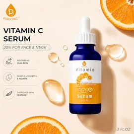Pursonic Suero de vitamina C, 20% es un mejor suero hidratante orgánico antienvejecimiento de alta potencia para tratamiento de cara, cuello y escote 