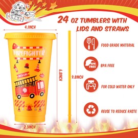 Mifoci Firefighter Plastic Cups with Lids and Straws 24oz Reusable Fire Truck Cups for Firefighter Birthday Party Supplies Decorations(12 Pack)