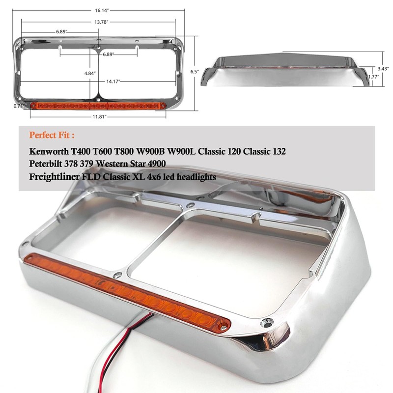 GaeaAuto Pair Headlight Bezel Trim Chrome with 12" Amber LED