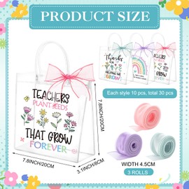 SilTriangle 30 Pcs End of The Year Teacher Gifts Bags Bulk with Handle 7.8 x 7.8 x 3.1'' Reusable Clear Teacher Gift Bag with Bow Ribbon Thank You PVC Plastic Bag for Graduation Party Supply(Macaron)
