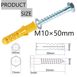 M10x50mm Heavy Duty Masonry Brick Wall Fixing plug + Coach Bolt Screw Zinc Plated and Washer,Strong Nylon Wall Plug Steel Bolt KIt for Tv Bracket Aerial Mast Sky Dishes Shelves Mounting (6)
