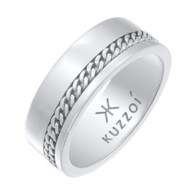 Kuzzoi 0608572622 Men's Band Ring with Curb Chain Element 925 Sterling Silver Wide Silver Ring (8 mm) Polished Ring for Men Ring Size 60 - 66