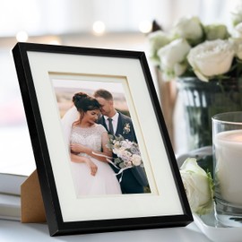 Fabian Clarke London® 6x4 Black Wooden Picture Photo Frame with Off White Double Mount to Hang Portrait or Landscape For 6x4 Photo