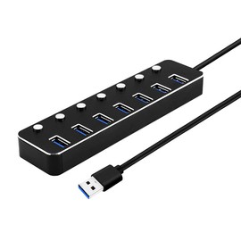 LITTONE® Powered USB 3.0 Hub Aluminum Black 7 Port USB 3.0 Data Hub with 5V/2.4A Power High-Speed Extension Hub with Individual On/Off Switch & LED LM-TC51# (Black)