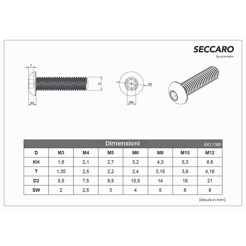 SECCARO Vite a testa piatta M4 x 10 mm, in