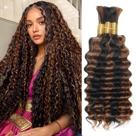 Human Braiding Hair for Boho Braids,150g 20 Inch 3 Bundles Ombre Deep Water Wave Bulk Boho Curly Human Hair Bundle for Braiding,1b/30 Highlight No Weft Wet and Wavy Knotless Braiding Hair Extensions