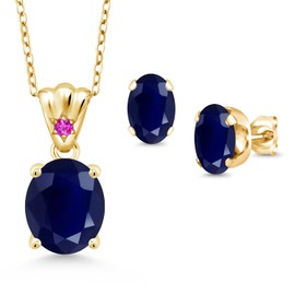 18K Yellow Gold Plated Silver Blue Sapphire and Pink Sapphire Pendant and Earrings Jewelry Set For Women (8.15 Cttw, Gemstone Birthstone, Oval 11X9MM and 8X6MM with 18 Inch Silver Chain)