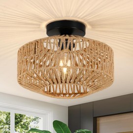 SEIHONG Rattan Ceiling Light Rustic Semi Flush Mount Ceiling Light Fixture Boho Hand Woven Cage Ceiling Lamp for Farmhouse Bedroom Hallway Bathroom
