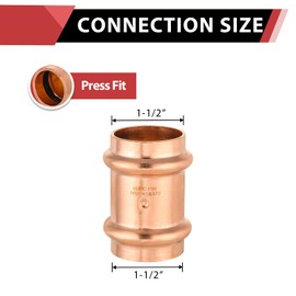 1 Pack EFIELD 1-1/2'' x 1-1/2'' Copper Press Fit Coupling Fittings With Stop For Copper Tube Connection, Pro Pack (1-1/2 inch)