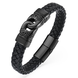 YL Viking Buckle Totem Link Chain Mens Bracelet, Stacked Handcrafted Double Row Strand Black Braided Leather Cuff Stainless Steel Bangle Punk Wristband Jewelry for Men Women, 8.27 Inches, Leather, no