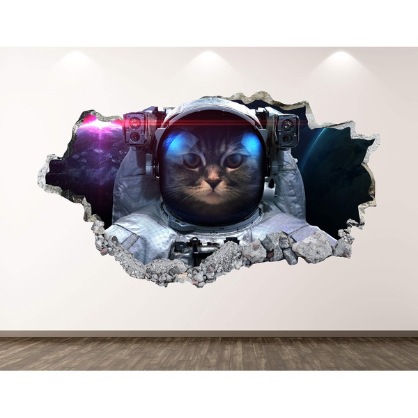 Astronaut Cat Wall Decal Art Decor 3D Smashed Space Sticker Poster Kids Room Mural Custom Gift BL203 (70"W x 40"H)