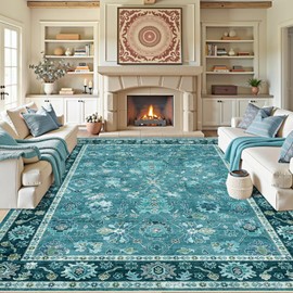 Washable Area Rug 9x12 Living Room Rugs Non-Slip with Rubber Backing Boho Throw Rugs Soft Low Pile Floor Carpet Vintage Floral Rug Indoor Large Area Rugs for Bedroom, Dinning Room, Teal/Multi