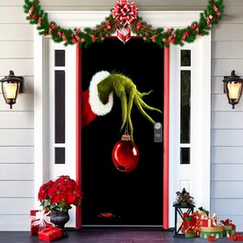 REGAPOG Christmas Door Cover Decoration Santa Grinch Elves Hanging Banner Christmas Door Hanging Banner Background for Christmas Wall Decoration (91 cm x 203 cm, F)