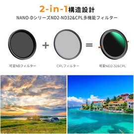 K&F Concept 72mm ND2-32 & CPL Filter, Multi-functional Filter, 2-in-1, 2-in-1, Dimming + Polarizing Effect, Double-Sided 24 Layer Nano Coating, Waterproof, Oleophobic, Scratch Prevention, Variable ND